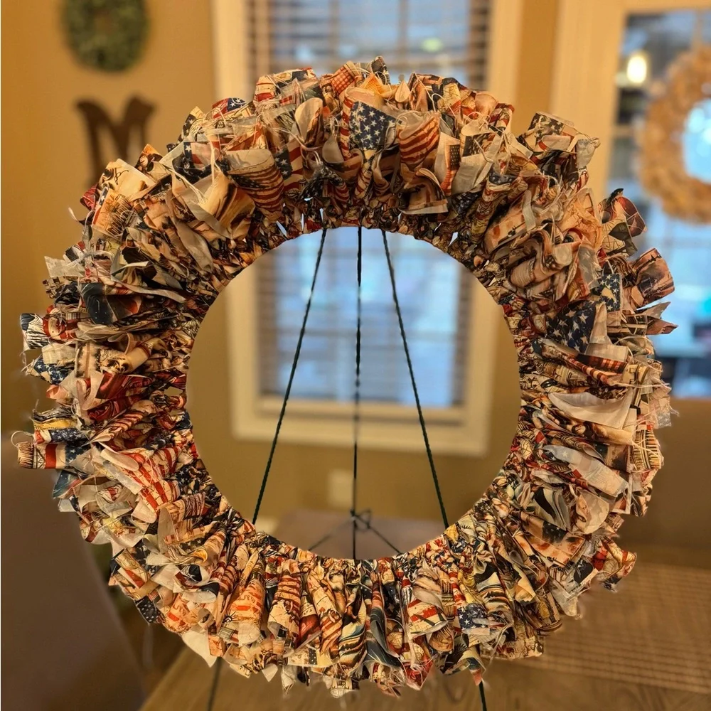 Hand Crafted Patriotic Fabric Wreath - Red, Blue, White